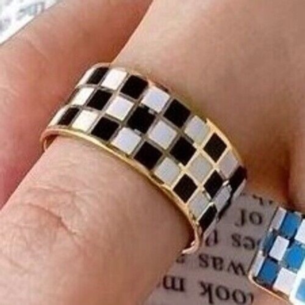 Retro Black and White Checkered‎ Gold Plated Titanium Ring Band Size 7